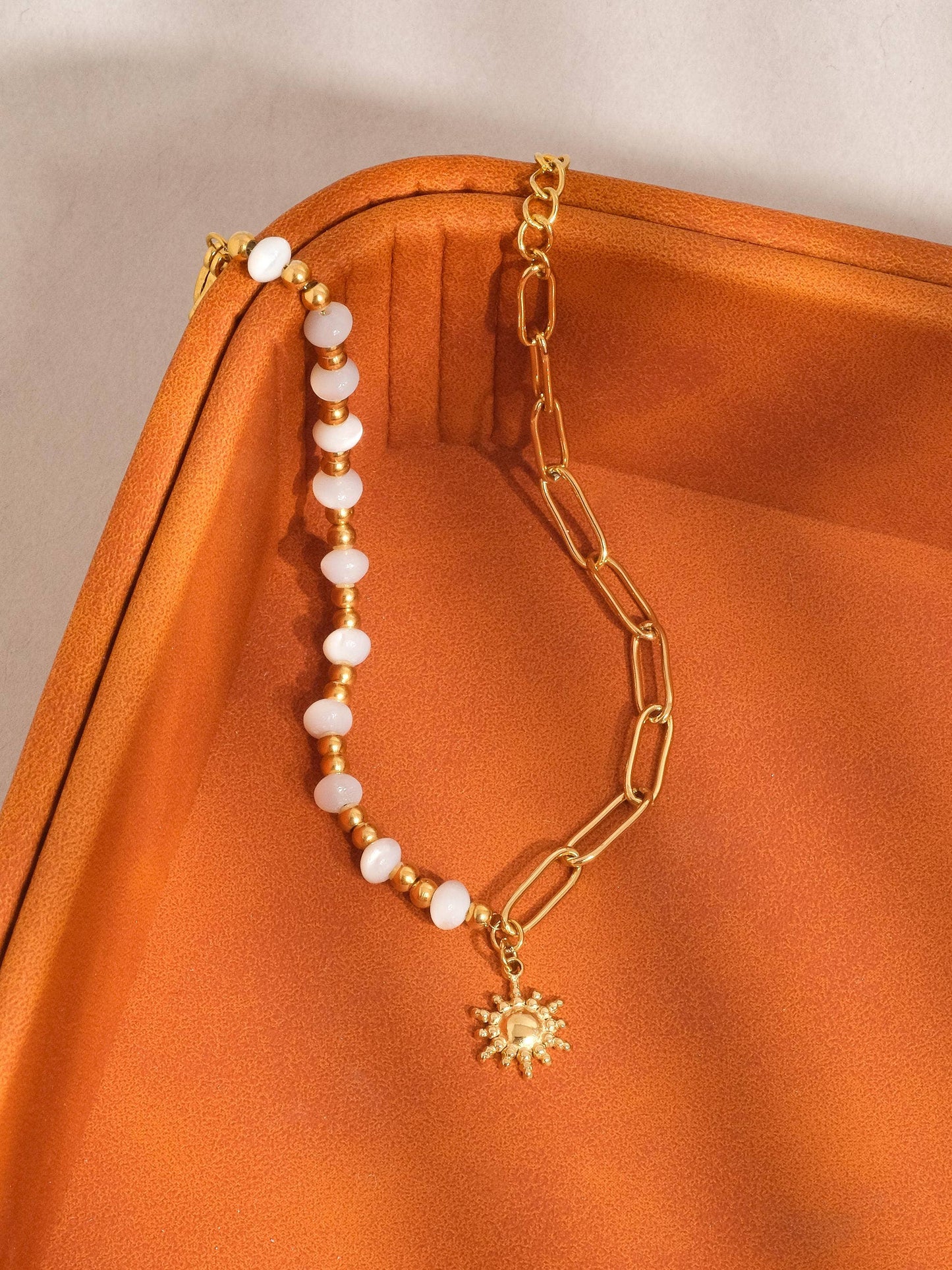 18K Gold Non-Tarnish Sun and Pearl Chain Bracelet | Tarnish Proof