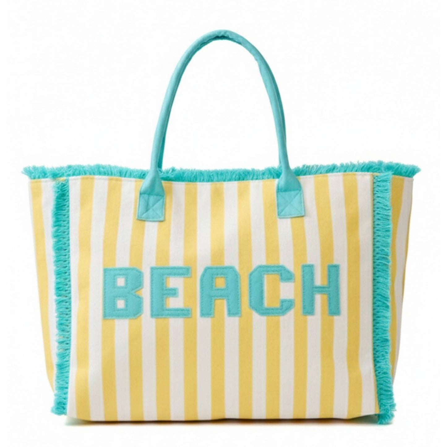 BEACH Striped Pattern and Frayed Summer Tote Bag (3 Color Options)