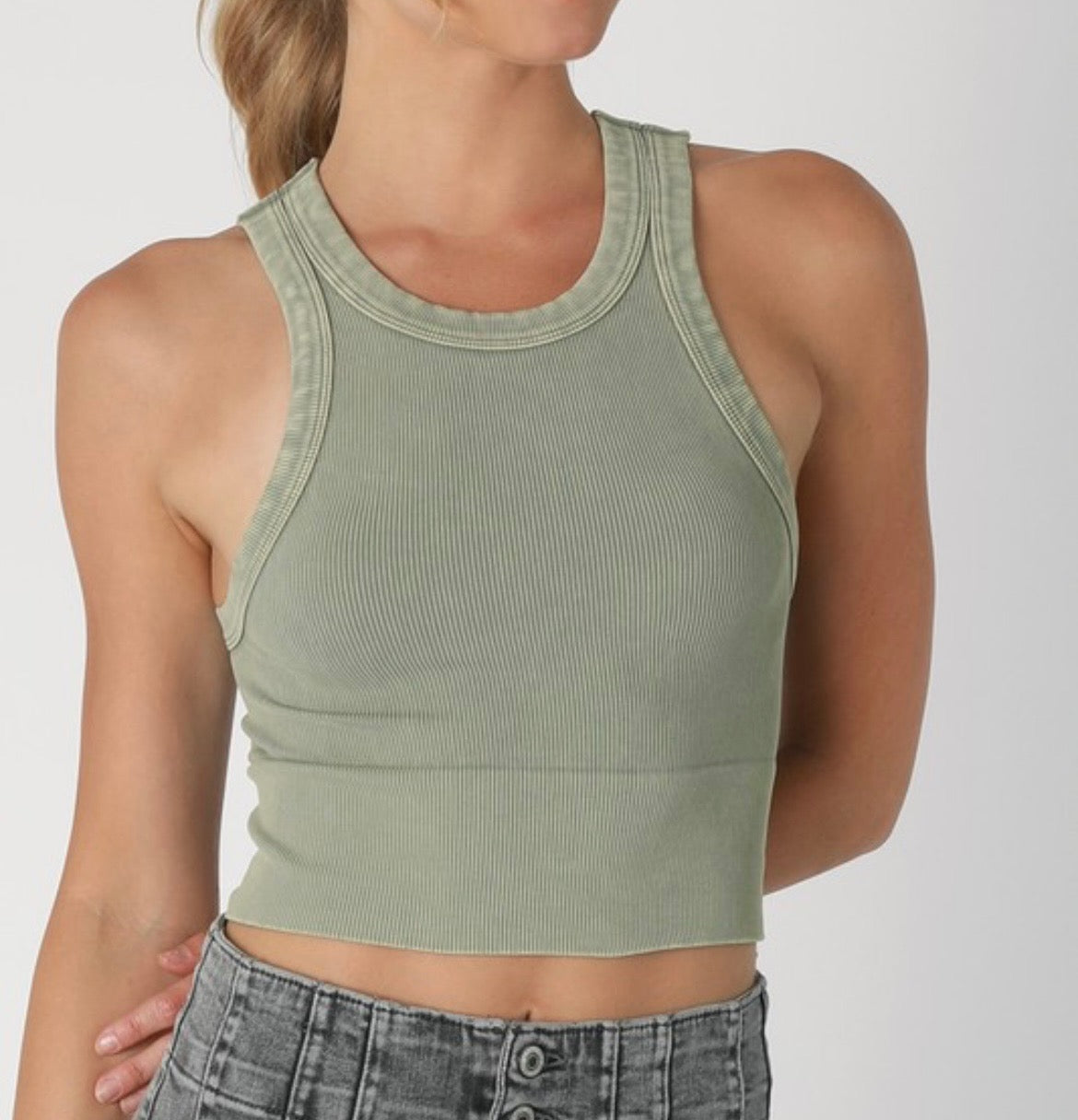 Vintage Ribbed High Neck Crop Top (One Size)