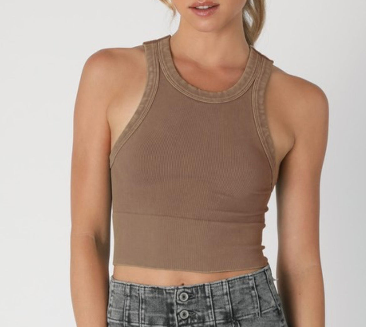 Vintage Ribbed High Neck Crop Top (One Size)