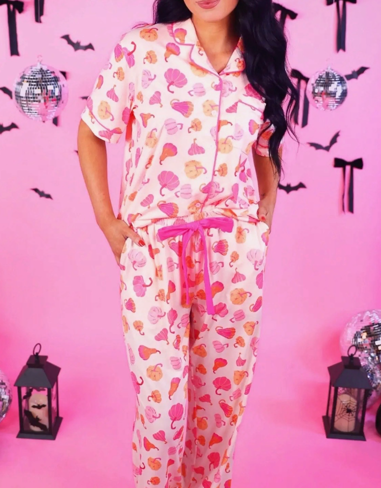 Pink Pumpkin PJ Set | Short Sleeve & Pants | (S-3XL)