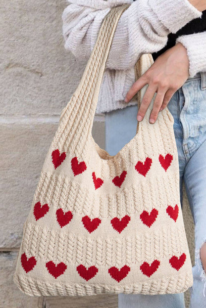 Heart Pattern Knit Tote Bag