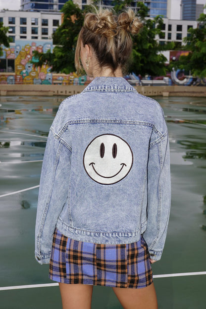 Happy Face Embroidered Jean Jacket