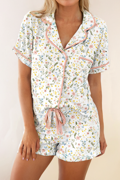 Floral Printed Casual Pocket Ruffled Shorts Pajama Set