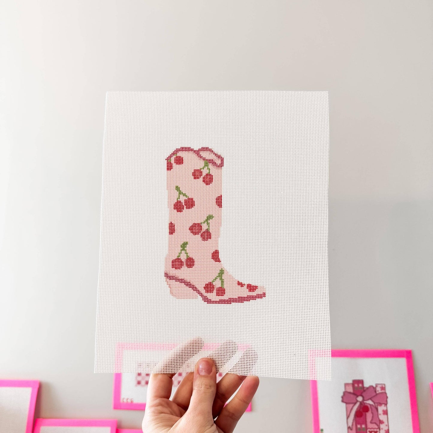 Cherry Cowgirl Boot Needlepoint Canvas | 18 Mesh