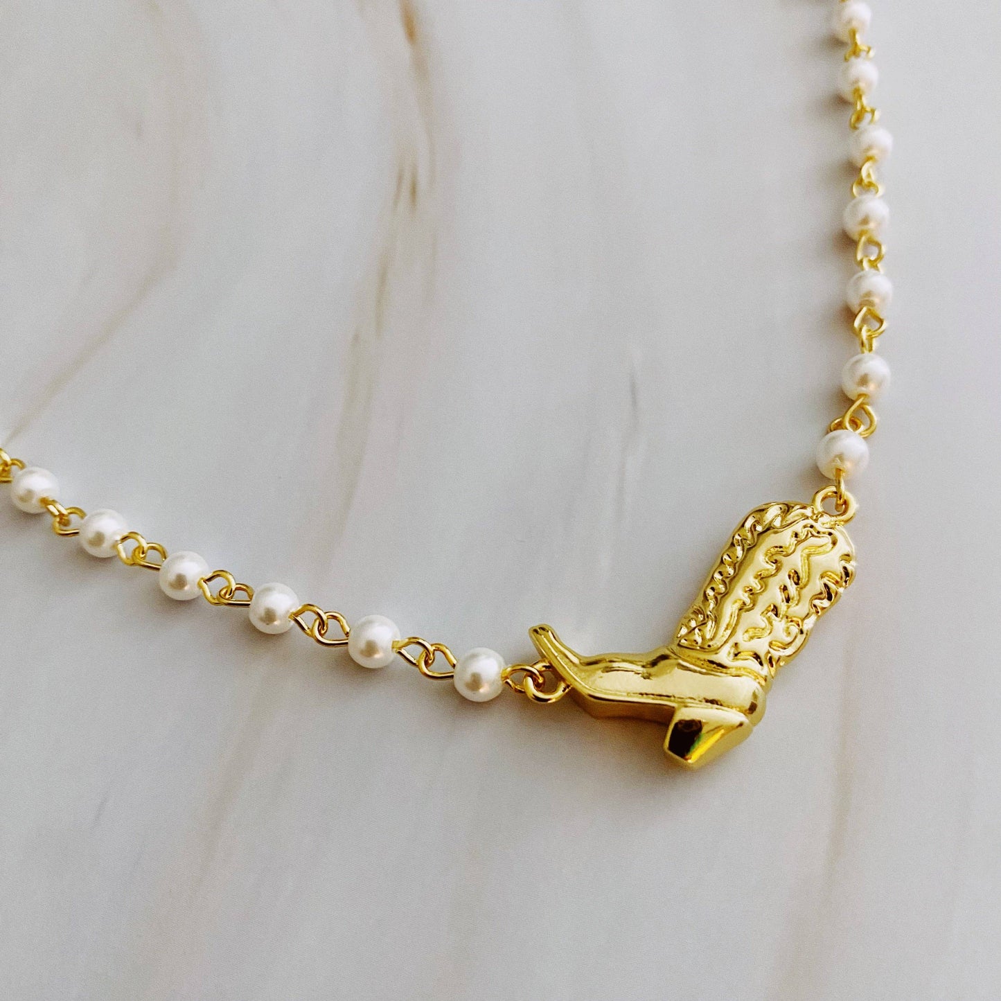 Cowgirl Boot Pearl Chain Necklace | 18K Gold Plated