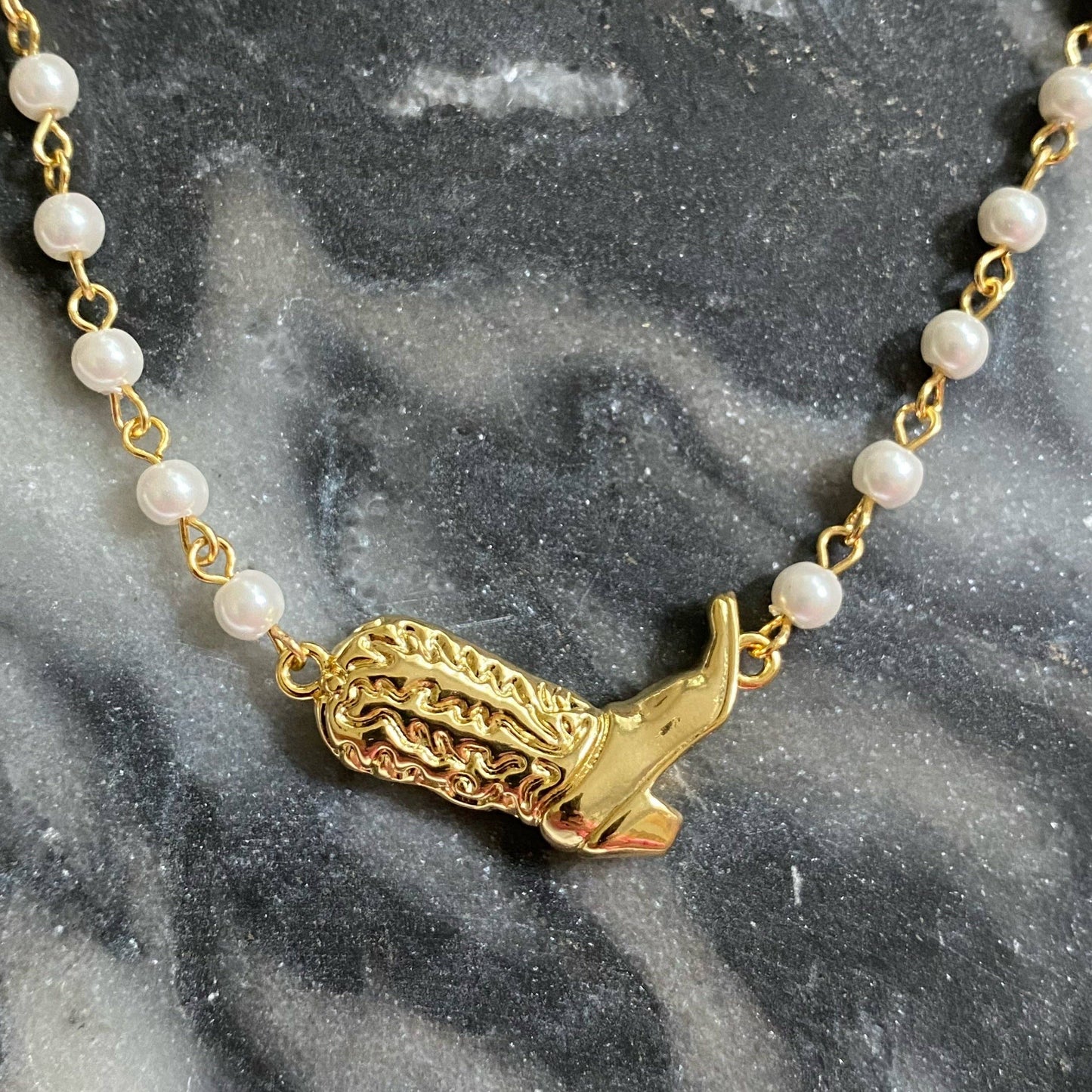 Cowgirl Boot Pearl Chain Necklace | 18K Gold Plated