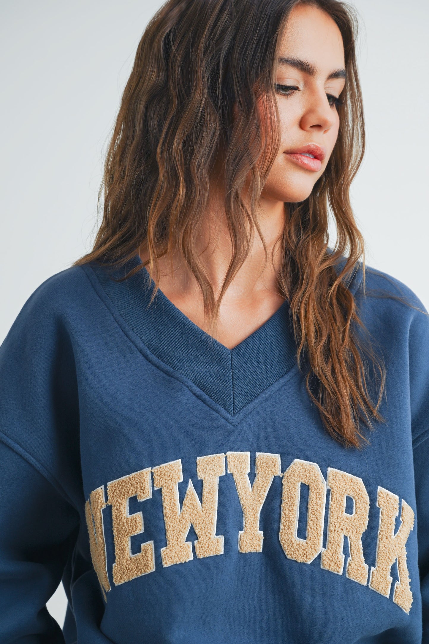 New York Embroidered V-Neck Sweatshirt