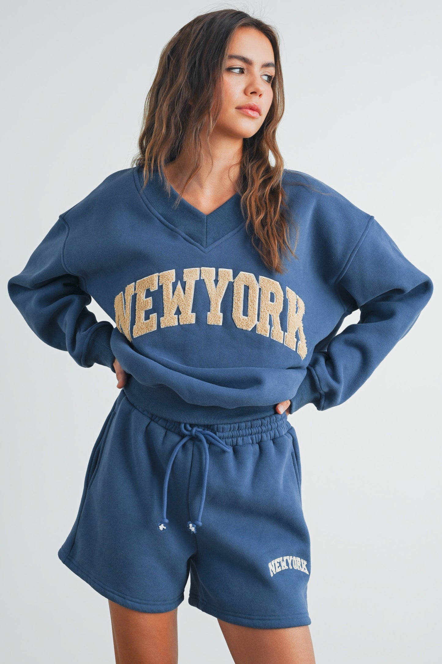 New York Embroidered V-Neck Sweatshirt