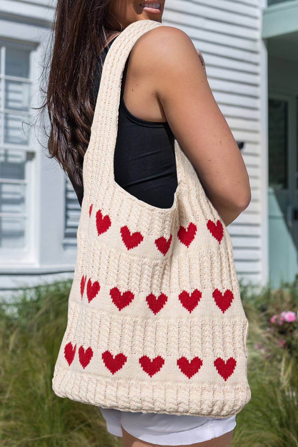 Heart Pattern Knit Tote Bag