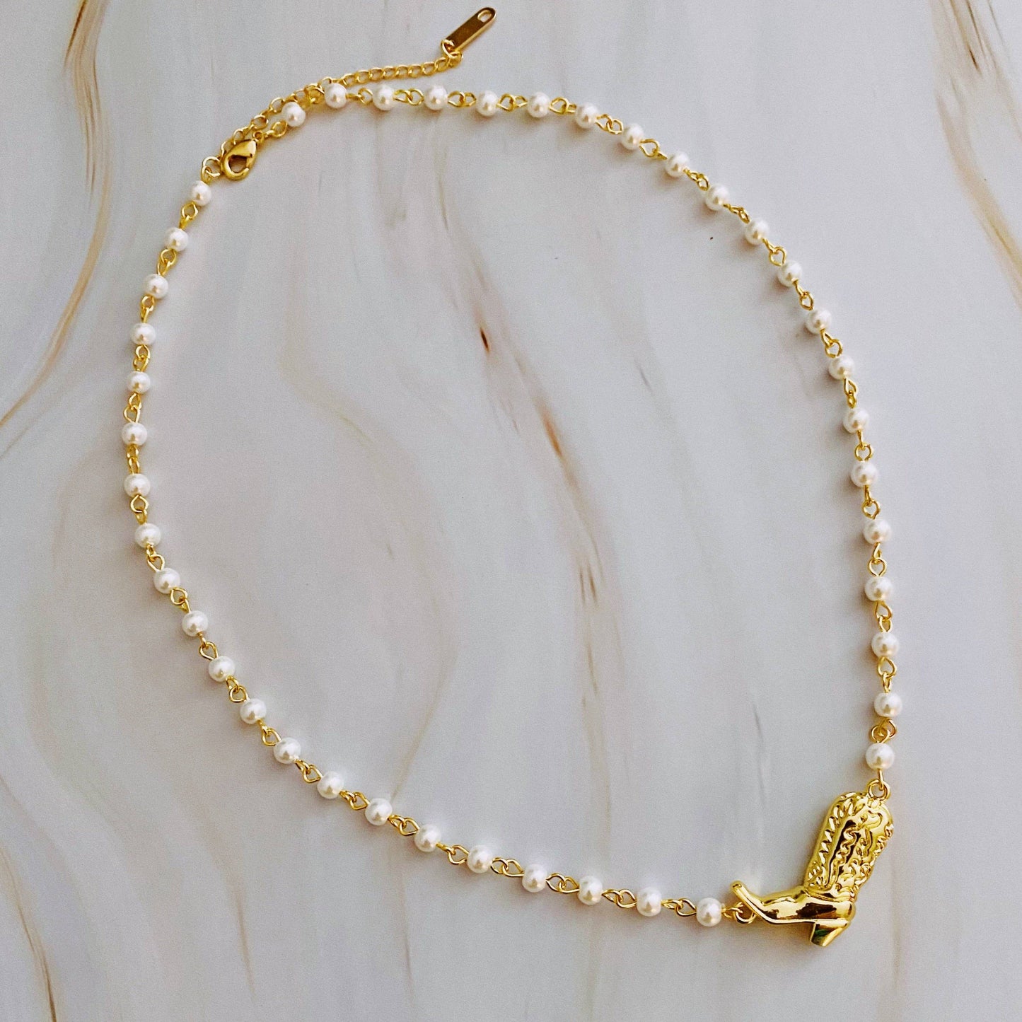 Cowgirl Boot Pearl Chain Necklace | 18K Gold Plated