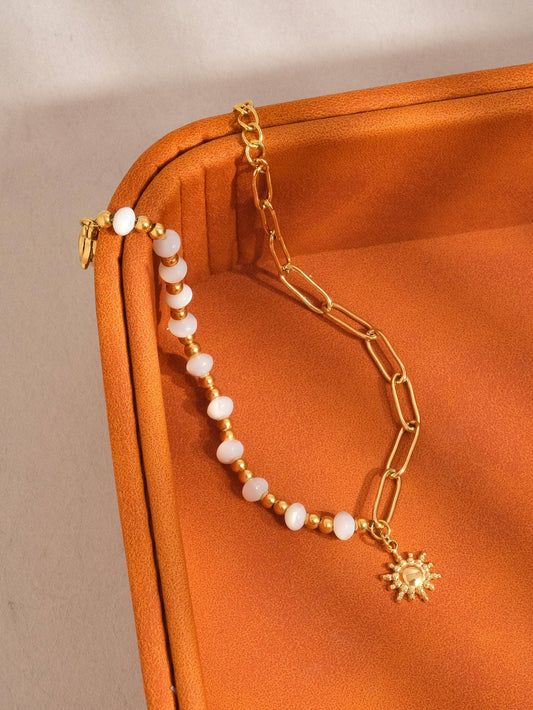 18K Gold Non-Tarnish Sun and Pearl Chain Bracelet | Tarnish Proof