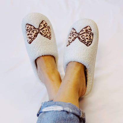 Leopard Bow Cozy Lounge Slippers