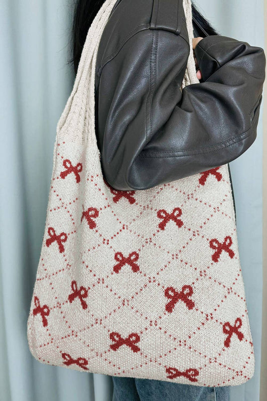 Bow Pattern Cable Knit Tote Bag