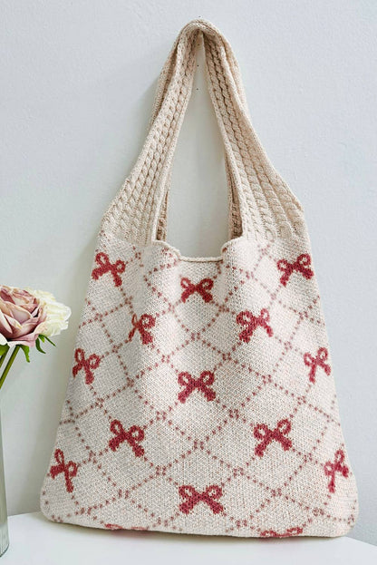 Bow Pattern Cable Knit Tote Bag