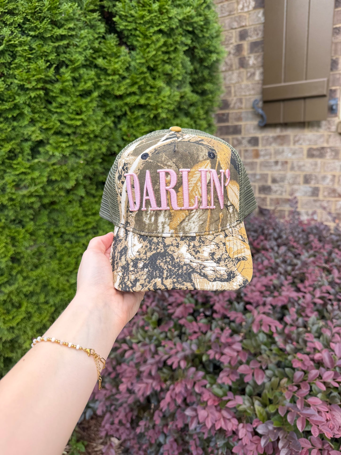 DARLIN' Camo Embroidered Trucker Hat