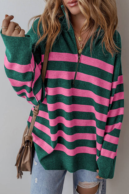 Green Stripe Collared Quarter Zipper Oversized Sweater