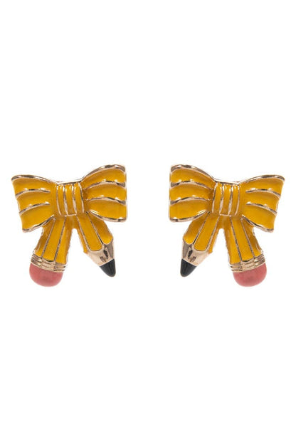 Teachers Day School Enamel Bow Pencil Post Earrings