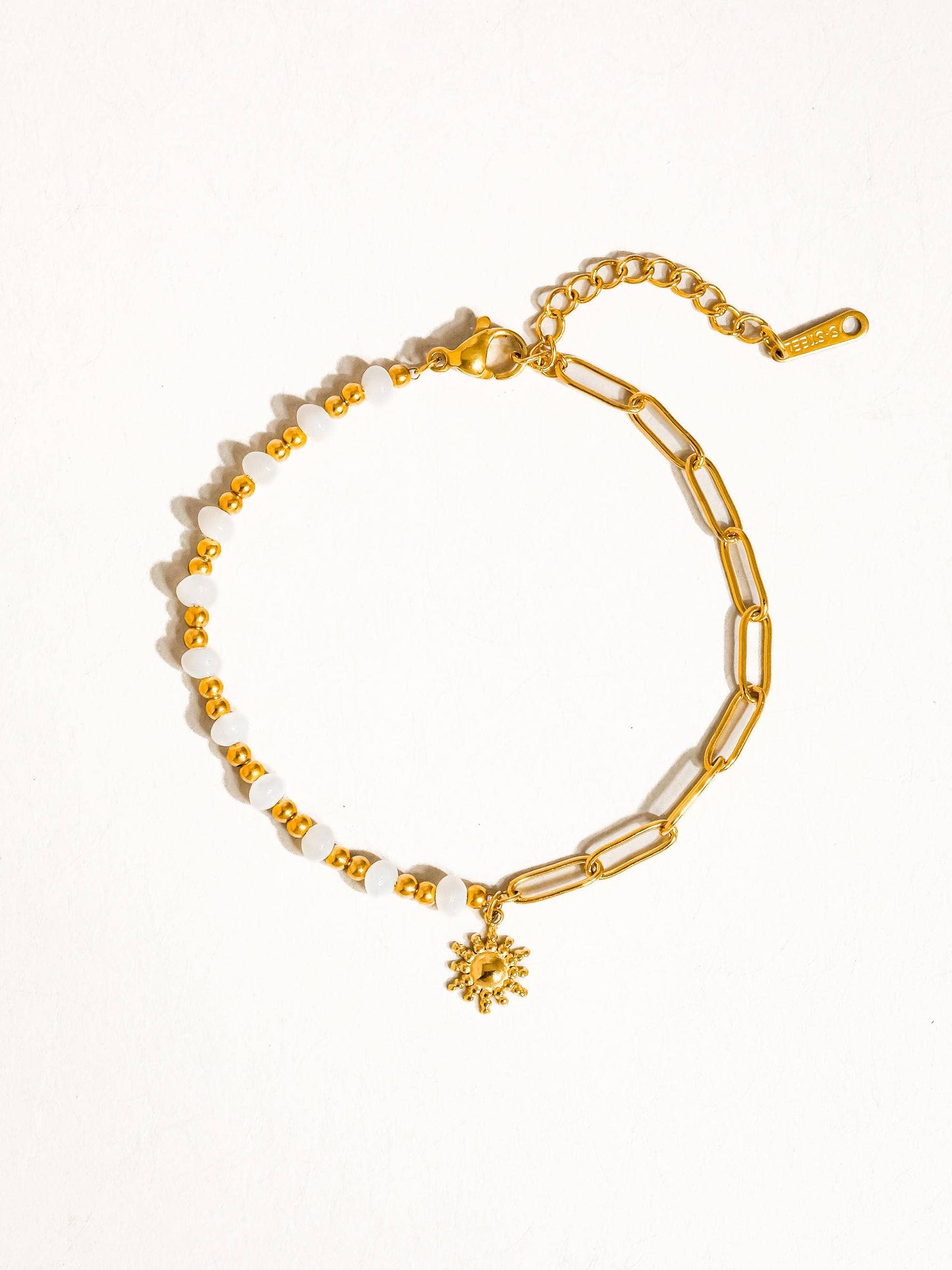 18K Gold Non-Tarnish Sun and Pearl Chain Bracelet | Tarnish Proof