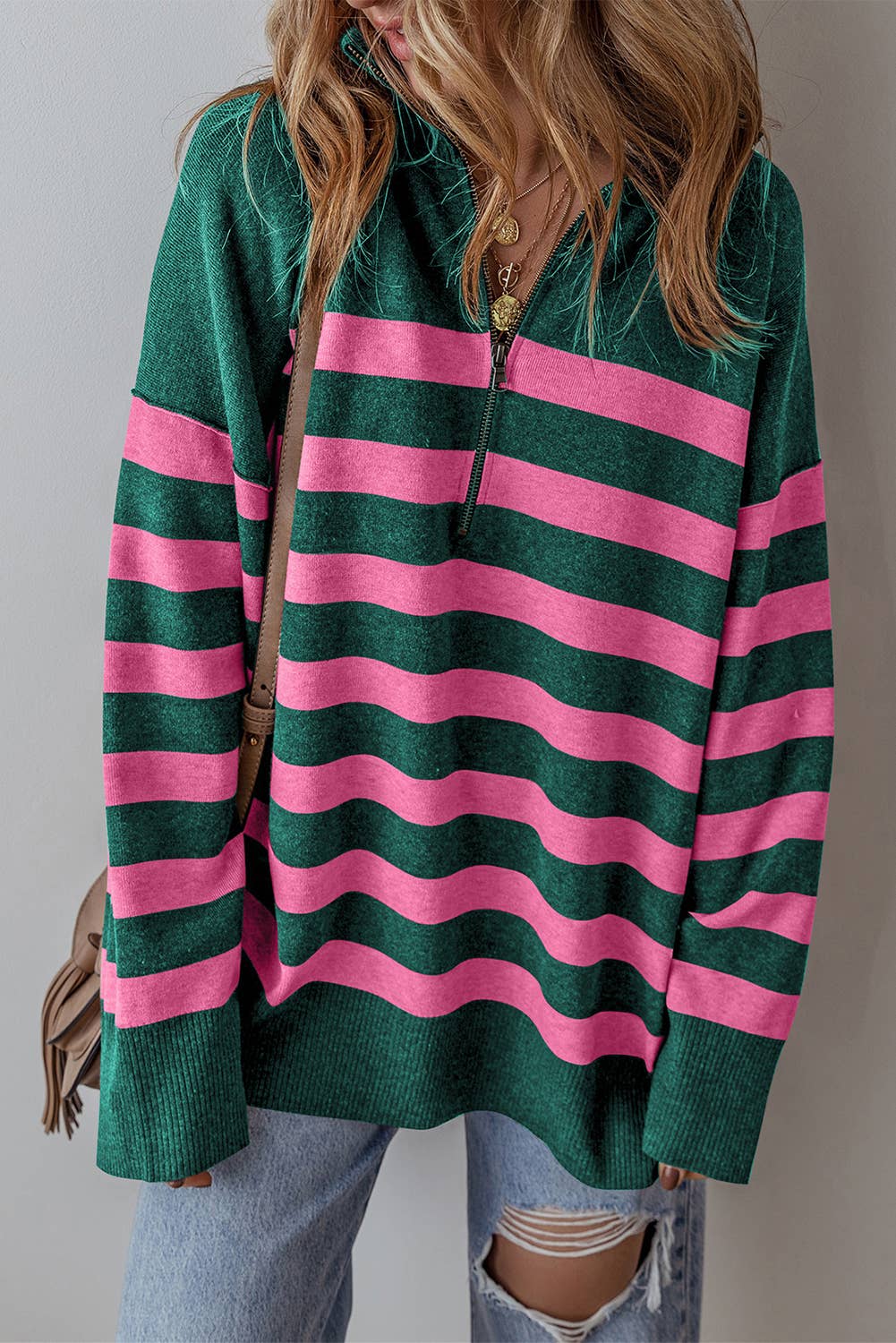 Green Stripe Collared Quarter Zipper Oversized Sweater