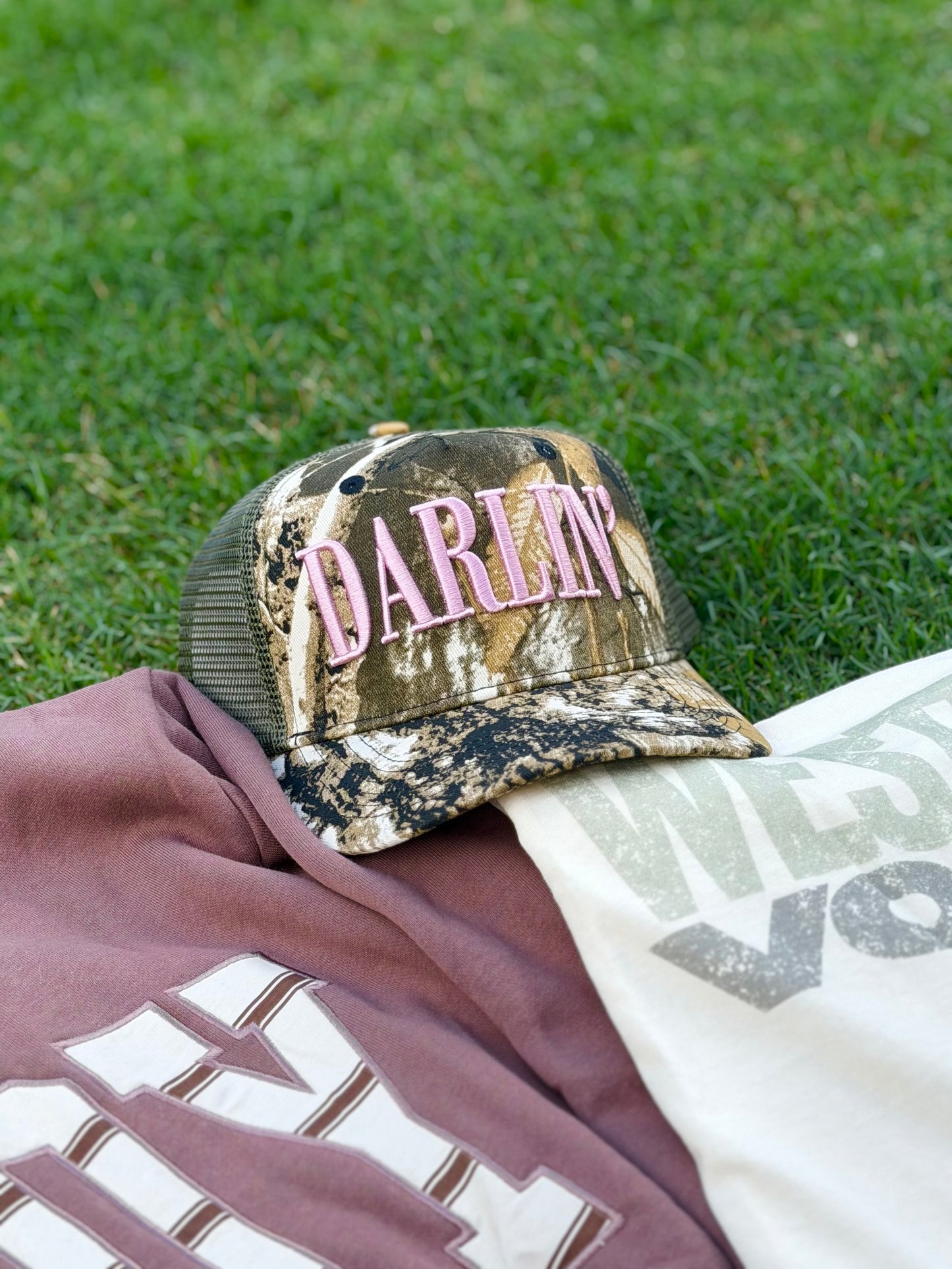 DARLIN' Camo Embroidered Trucker Hat