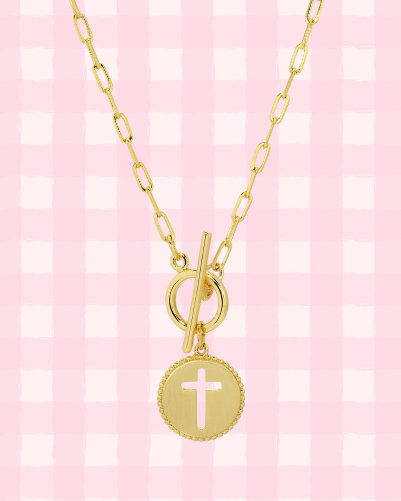 Gold Cross Paperclip Toggle Necklace