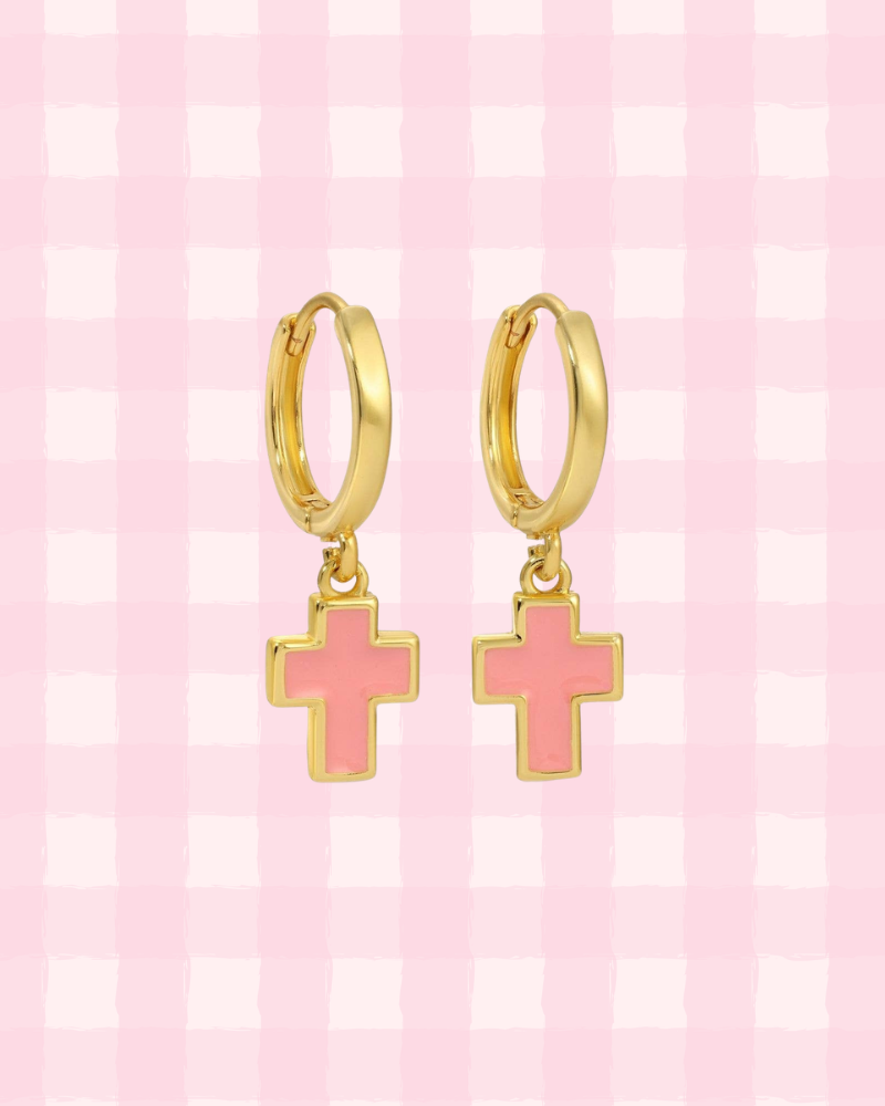 Gold Cross Hoop Earrings | 18k Gold | 2 Options (Pink or White)