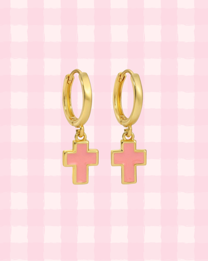 Gold Cross Hoop Earrings | 18k Gold | 2 Options (Pink or White)