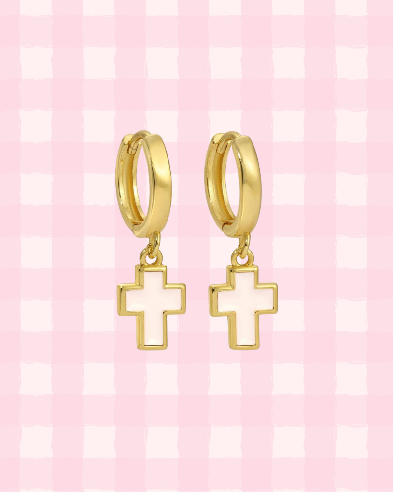Gold Cross Hoop Earrings | 18k Gold | 2 Options (Pink or White)