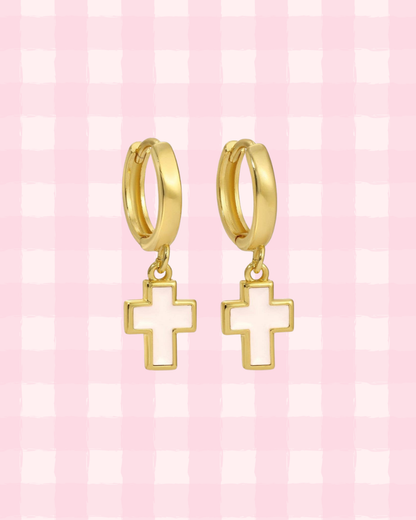 Gold Cross Hoop Earrings | 18k Gold | 2 Options (Pink or White)
