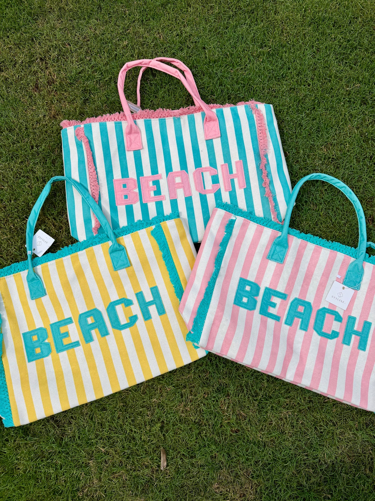 BEACH Striped Pattern and Frayed Summer Tote Bag (3 Color Options)