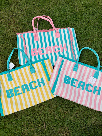 BEACH Striped Pattern and Frayed Summer Tote Bag (3 Color Options)