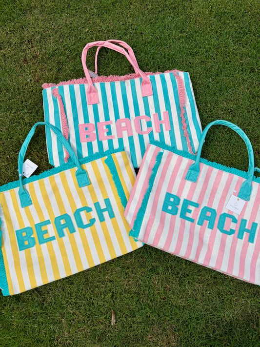 BEACH Striped Pattern and Frayed Summer Tote Bag (3 Color Options)