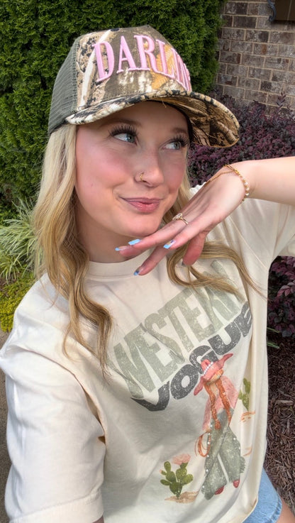 DARLIN' Camo Embroidered Trucker Hat