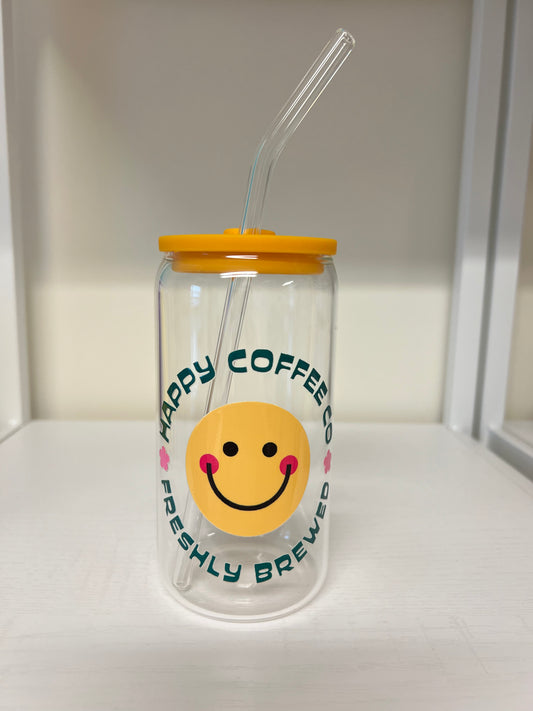 "Happy Coffee | Freshly Brewed!" Glass Cup