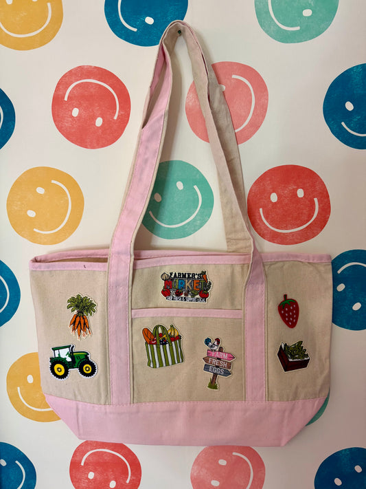 Pink and Tan Farmers Market Canvas Tote Bag
