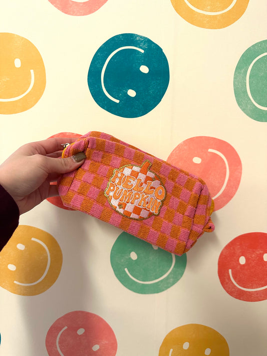 Hello Pumpkin Pink and Orange Checked Cosmetic Bag
