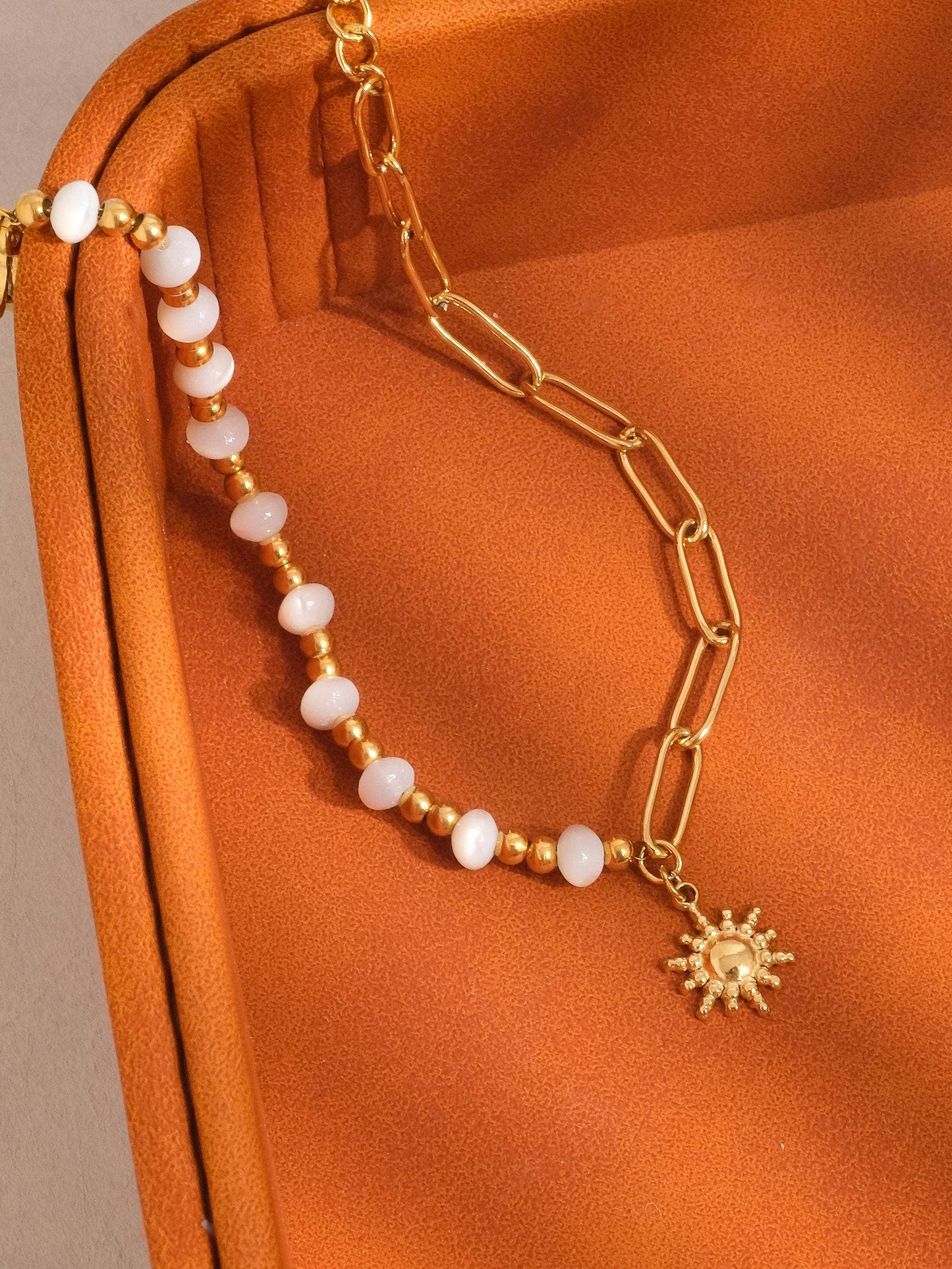 18K Gold Non-Tarnish Sun and Pearl Chain Bracelet | Tarnish Proof