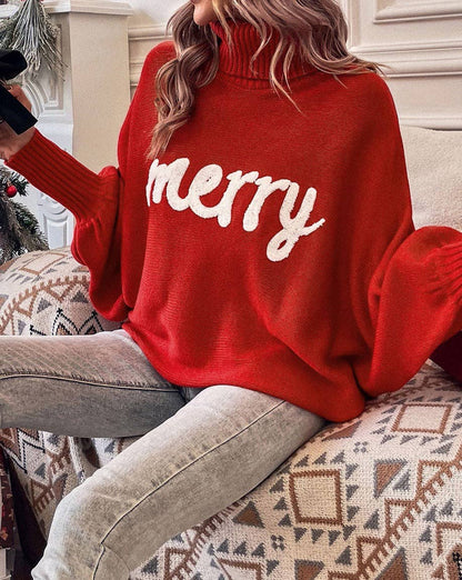 Embroidered Merry Turtleneck Sweater