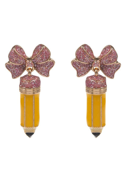 Teachers Day School Pencil Enamel Bow Post Earrings