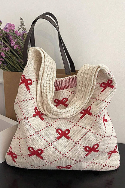 Bow Pattern Cable Knit Tote Bag