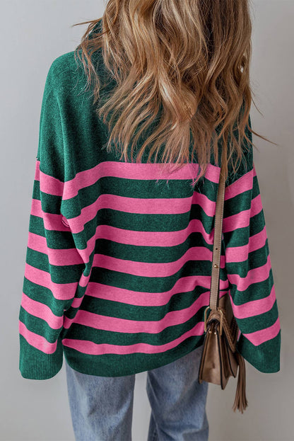 Green Stripe Collared Quarter Zipper Oversized Sweater