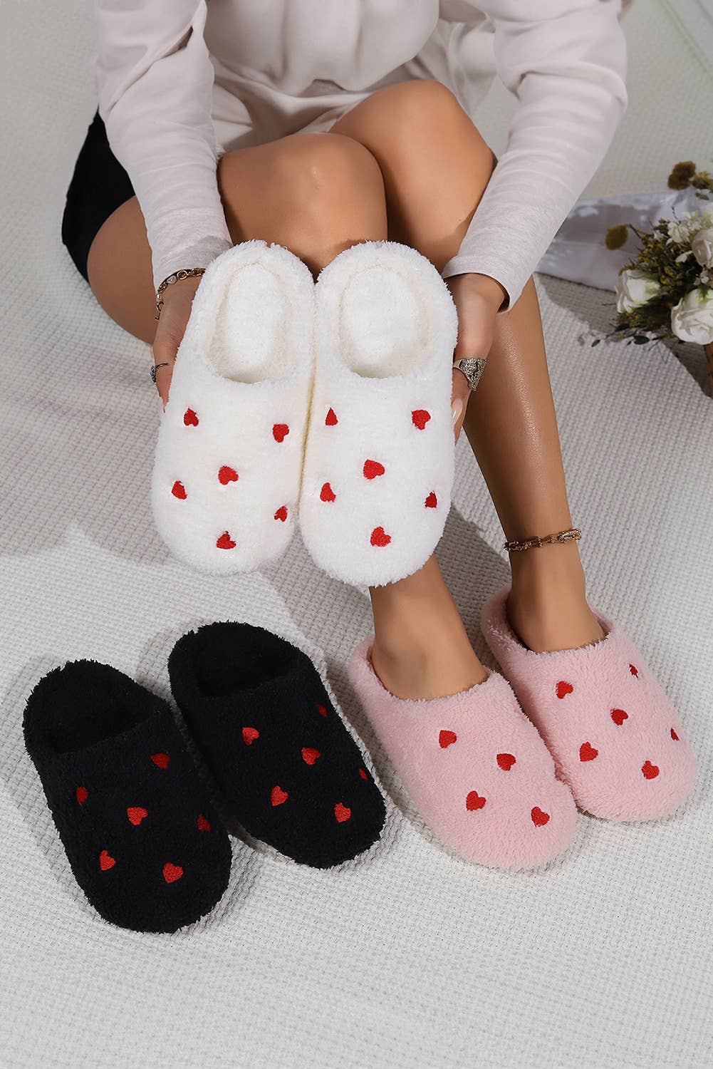 Heart Embroidered Valentine's Day Plush Slippers