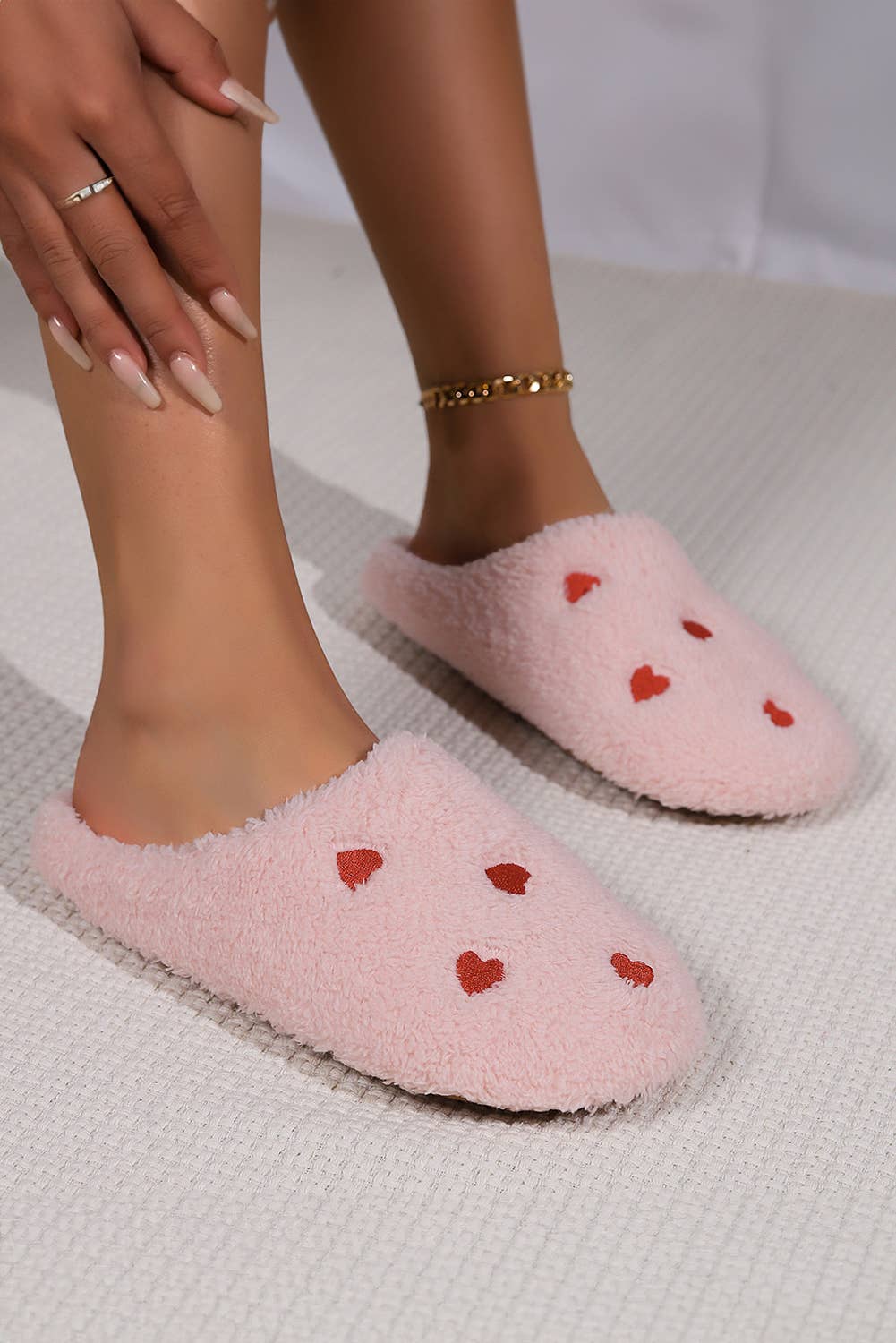 Heart Embroidered Valentine's Day Plush Slippers