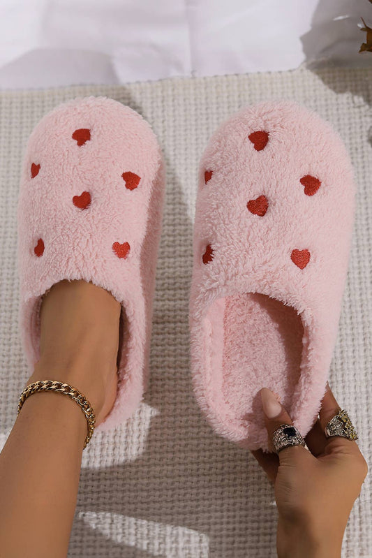 Heart Embroidered Valentine's Day Plush Slippers