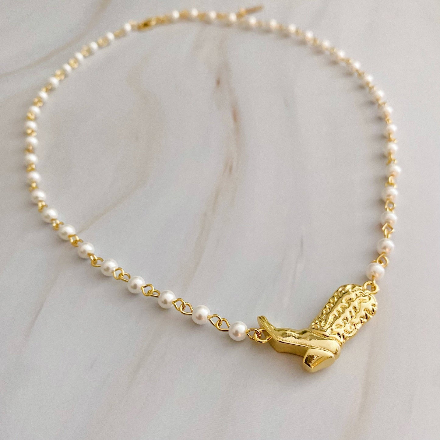 Cowgirl Boot Pearl Chain Necklace | 18K Gold Plated