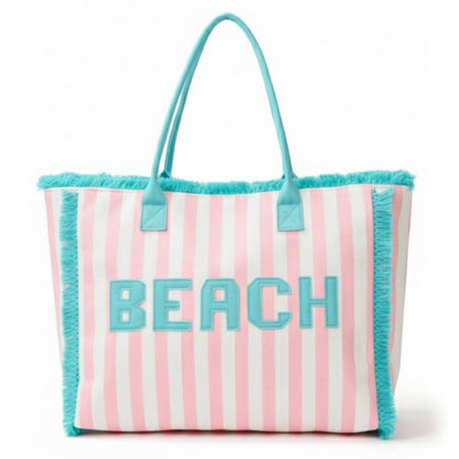 BEACH Striped Pattern and Frayed Summer Tote Bag (3 Color Options)