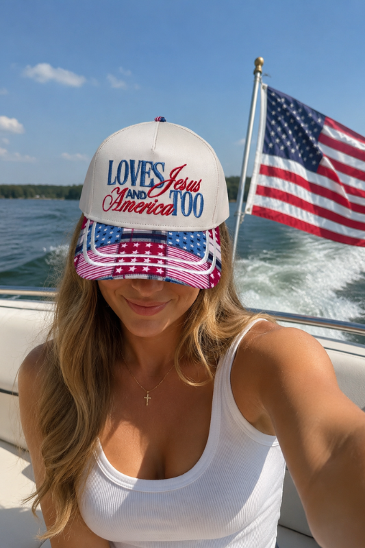 Loves Jesus & America Too Printed Bill Trucker Hat | Adult