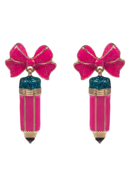 Teachers Day School Pencil Enamel Bow Post Earrings