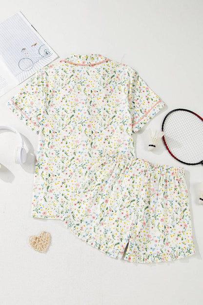 Floral Printed Casual Pocket Ruffled Shorts Pajama Set